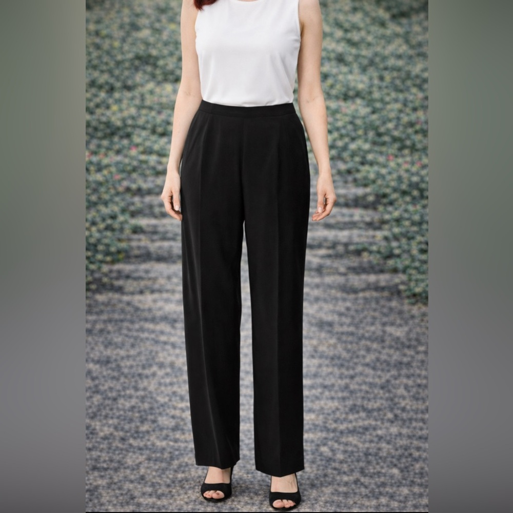 Talbots Silk Dress Pants 18 Black Flat Front Side Zip Classic Wide Leg